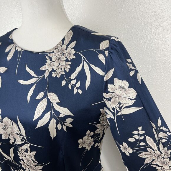 Vince Camuto Dress Women Small Blue White Floral Satin Sheen Midi Long Sleeve - Picture 11 of 15